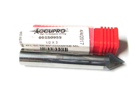 Accupro 09550955 Solid Carbide Chamfer Mill, 3" OAL, 1/2" CD & SD, 60 Degree, 4F