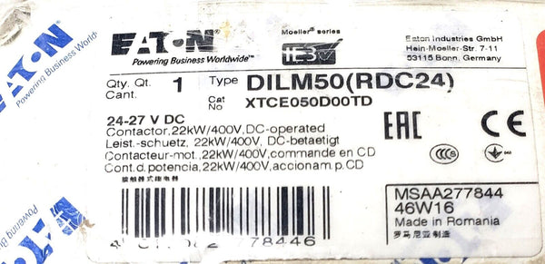 New XTCE050D00TD Eaton Electrical DIL M50 Contactor 50A 3Ph 24VDC