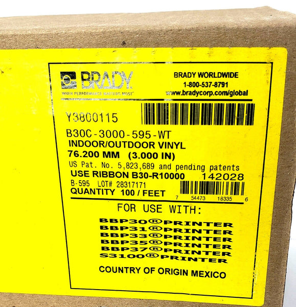 BRADY B30C-3000-595-WT Continuous Label Roll: 3"x100', Vinyl, White, Outdoor