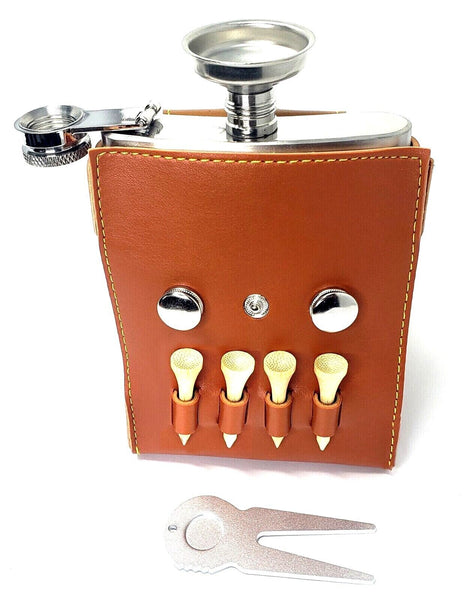 Golfers Flask 8 oz | Clips to Belt + 4 Golf Tees, Divot Tool and Funnel | 304 Stainless