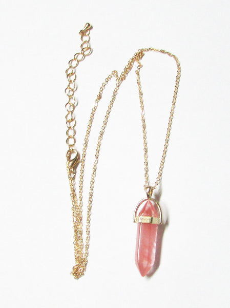 Trendy Rosewood Pink Gold Layered Natural Stone Necklace Crystal Stone Quartz