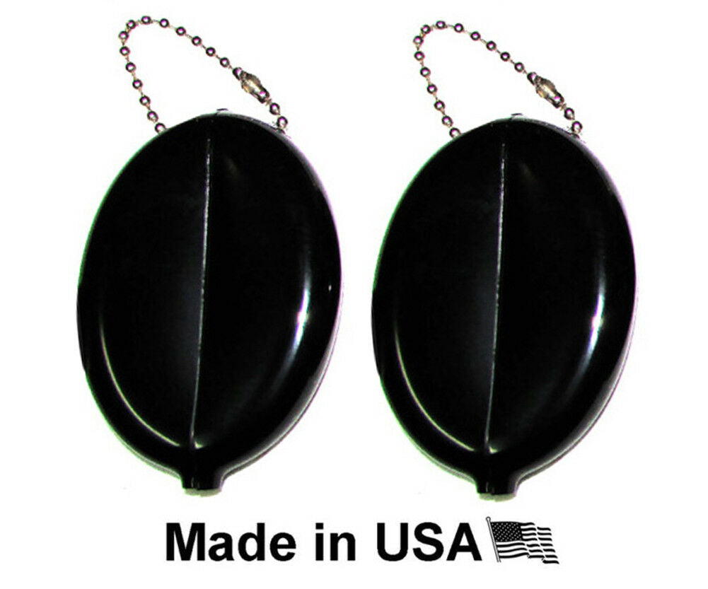 2 Black Oval Squeeze Coin Holders | Key Chain - Money Change Purse | Made in USA