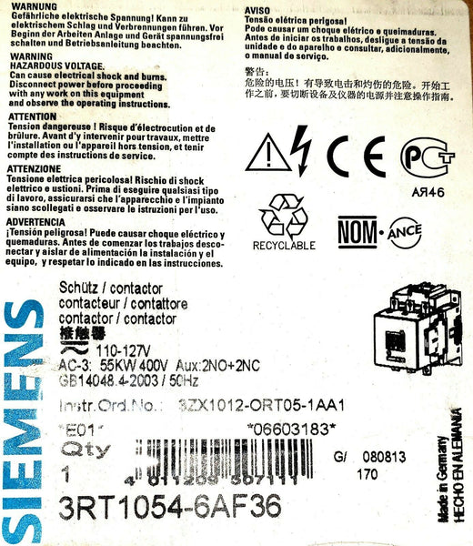 Siemens 3RT1056-6AF36 Contactor | IEC EN 60947- 4-1: 50/60Hz