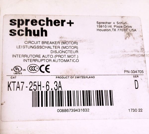 Sprecher Schuh KTA7-25H-6.3A Circuit Breaker Motor CB Starter PN-334705 Series D