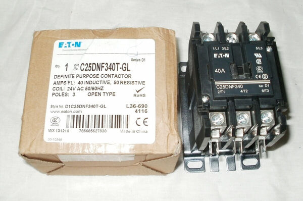 Eaton C25DNF340T-GL Definite Purpose Contactor 40/50A 3-Pole 24VAC 50/60Hz NEW