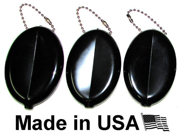 3 BLACK OVAL SQUEEZE COIN HOLDER | KEYCHAIN MONEY CHANGE PURSE | MADE IN USA
