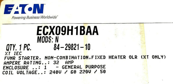Eaton ECX09H1BAA 32 AMP- FVNR STARTER- Fixed Heater OLR- 240V / 60 220V / 50