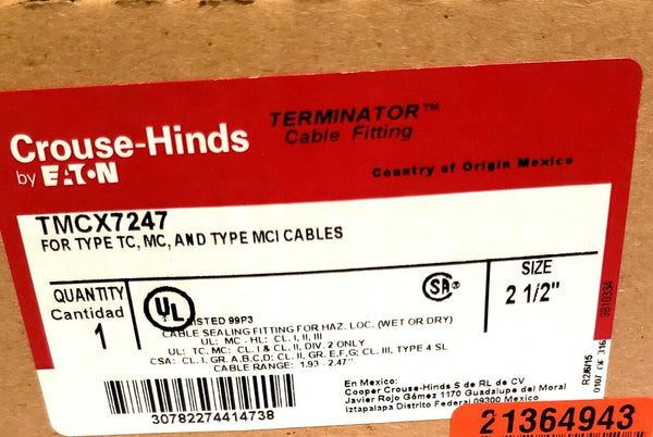 Crouse-Hinds TMCX7247 | Terminator Cable Fitting 2 1/2" | Type TC, MC, MCI Cable