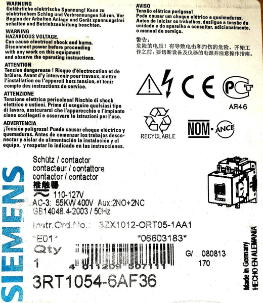 Siemens 3RT1054-6AF36 Contactor | IEC EN 60947 110-127V 50Hz | Made in Germany