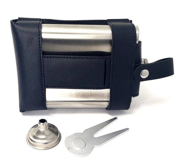 Golfers Flask 8 oz | Clips to Belt + 4 Golf Tees, Divot Tool and Funnel | 304 Stainless