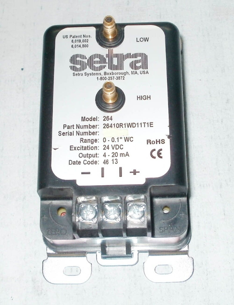Setra 264 Pressure Transducer 24VDC 20mA 0.1" WC 26410R1WD11T1E